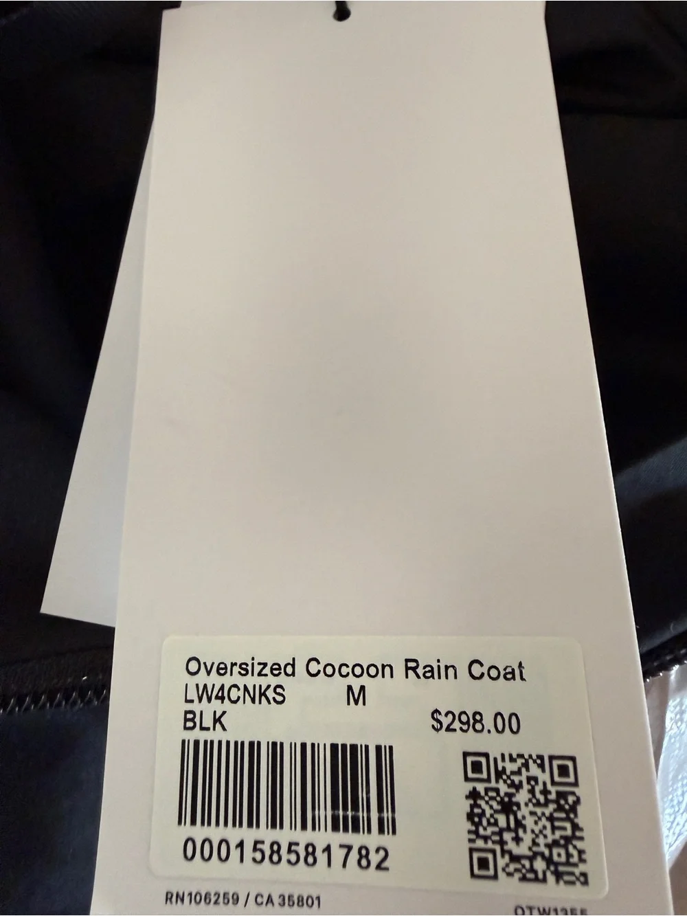 New LULULEMON Oversized Cocoon Raincoat Jacket Rain Coat, Medium, Black